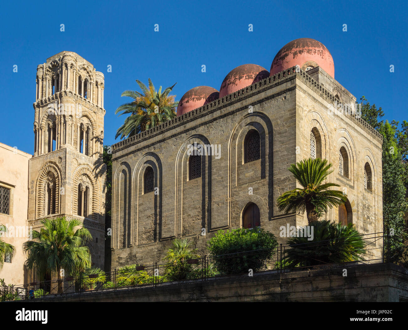 San Cataldo church with its pink domes and the bell tower of Santa Maria dell' Ammiraglio, La Martorana, behind, in the Piazza Bellini, Central Palerm Stock Photo