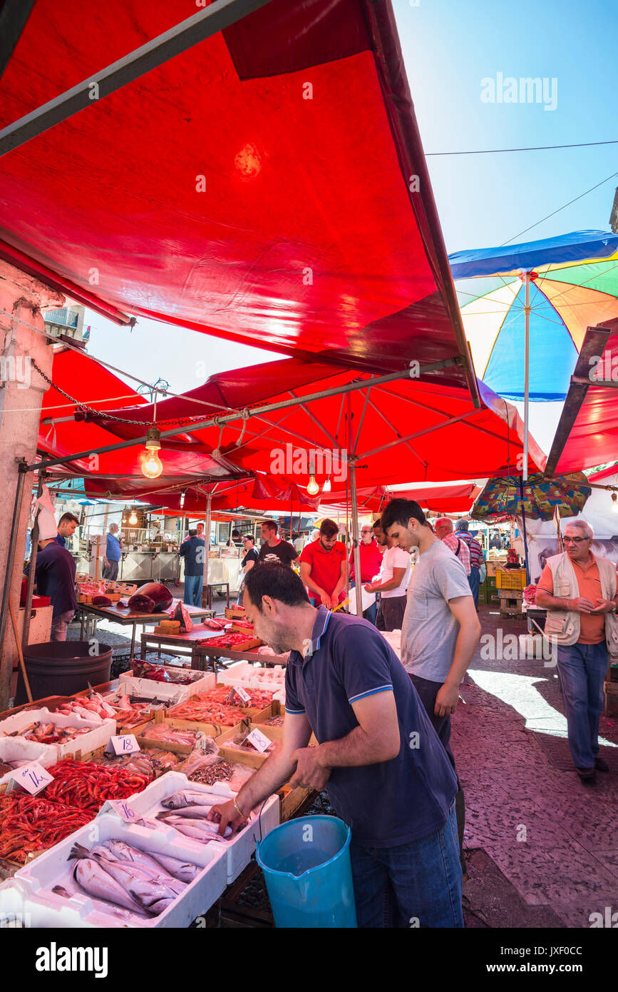Fishmongers stall at the Ballaro Market in the Albergheria district of central Palermo, Sicily, Italy. Stock Photo