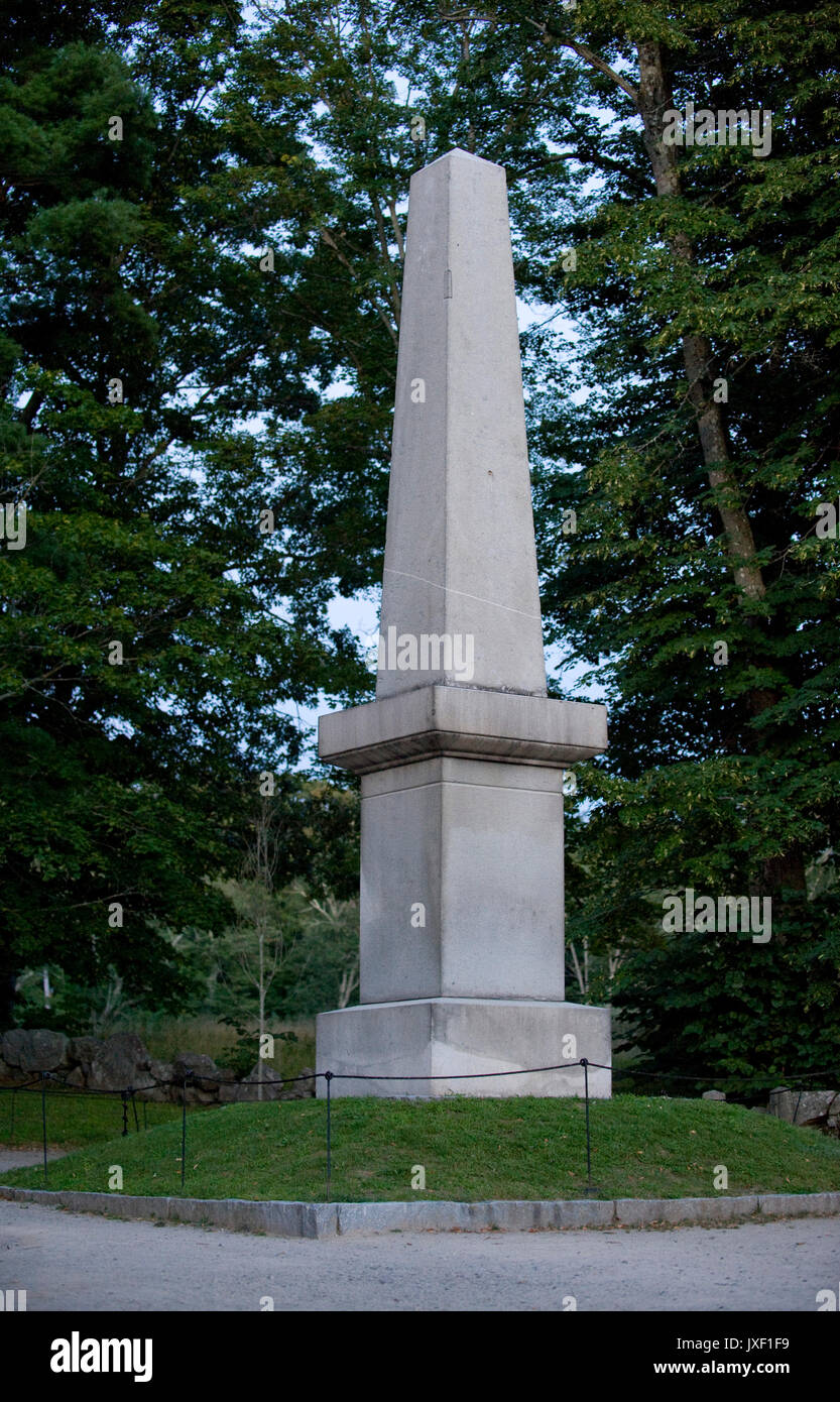 Memorial obelisk adjacent to the North Bridge in Minute Man National Historic Park, Concord, Massachusetts Stock Photo