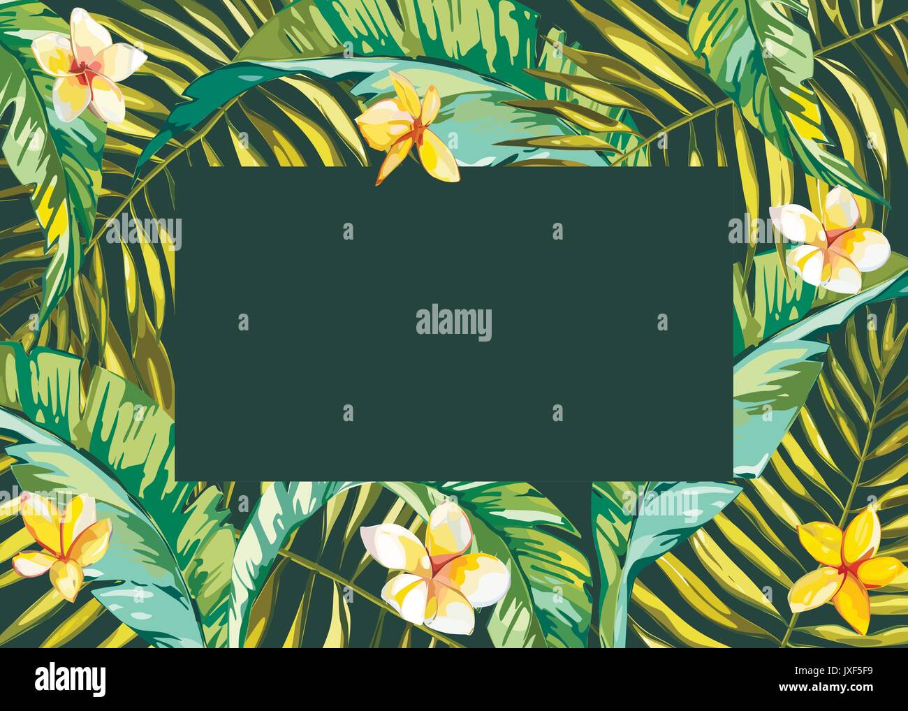 Tropical leafs composition background. Flat shapes hand drawn. Green on black with bird of plumeria flowers. EPS 10 Stock Vector