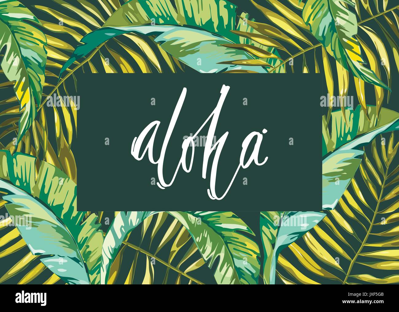 Tropical leafs composition background. Flat shapes hand drawn. Green on black with bird of plumeria flowers. Word- aloha. EPS 10 Stock Vector