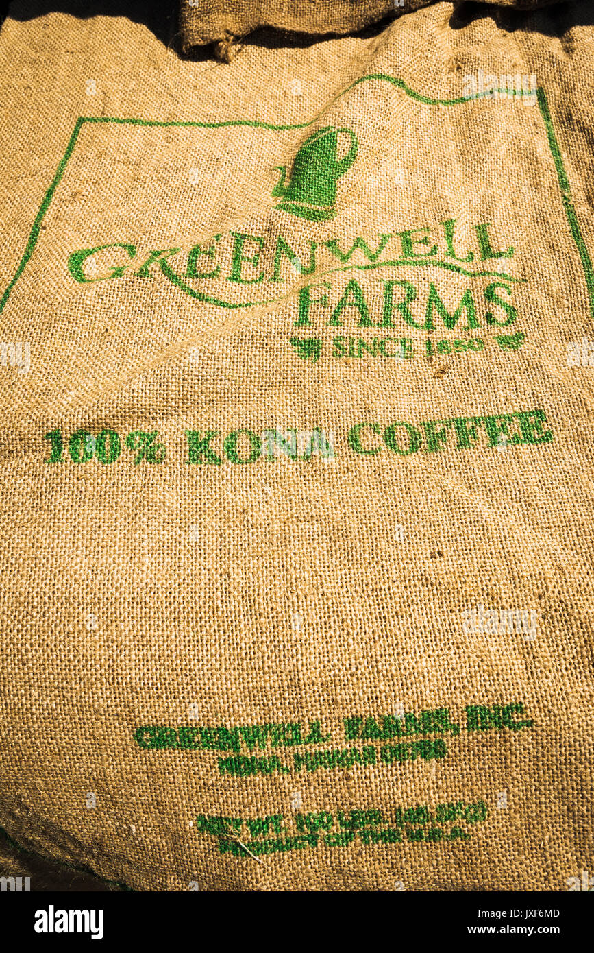 Coffee beans in a burlap sack at Greenwell Farms, Kona Coast, The Big Island, Hawaii USA Stock Photo