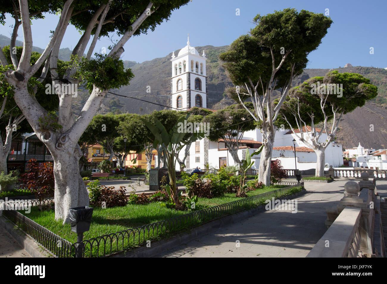 Plaza de la Libertad and the Church of Santa Ana in the town of Garachico in Tenerife, Canary Islands. Stock Photo