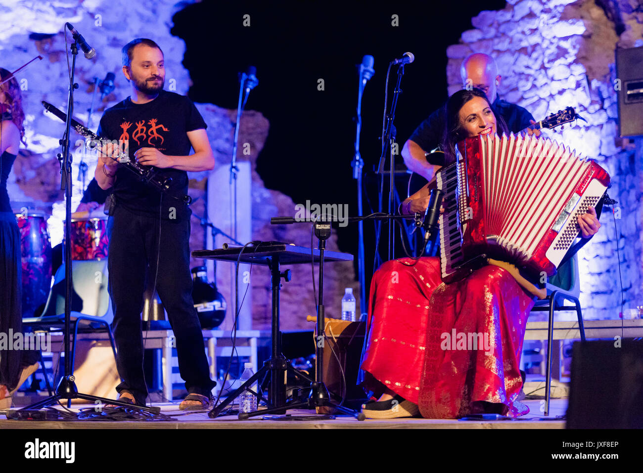 Casas de Reina Spain - august 13 2017: Spanish folk band Acetre in the regina theater Stock Photo