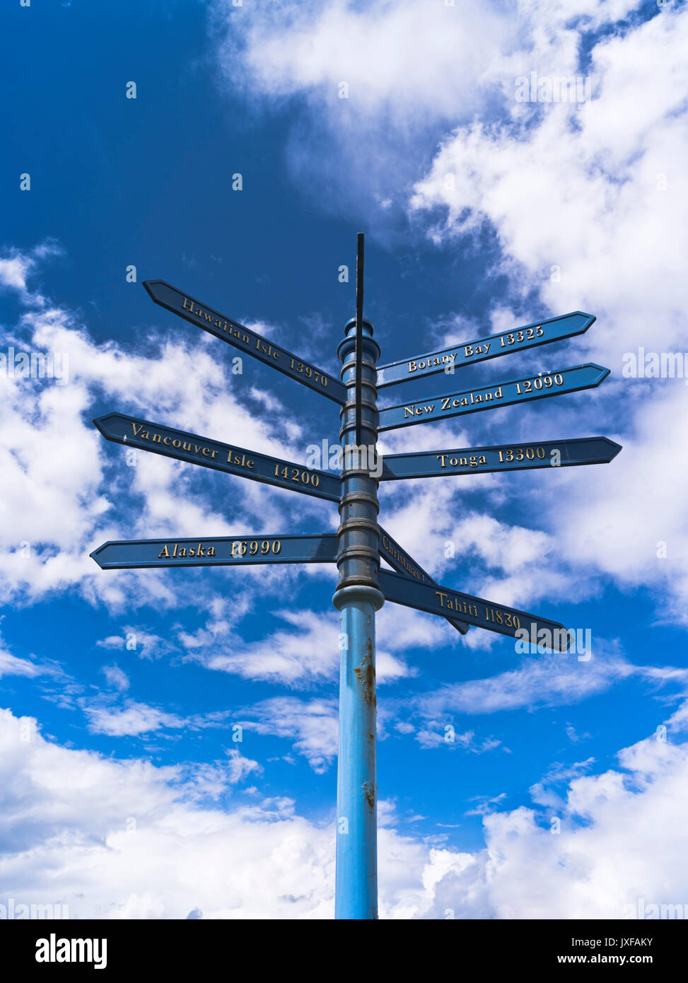 dh Cooks travels Signpost WHITBY UK Captain Cook world travel sign post directions signposts international direction Stock Photo