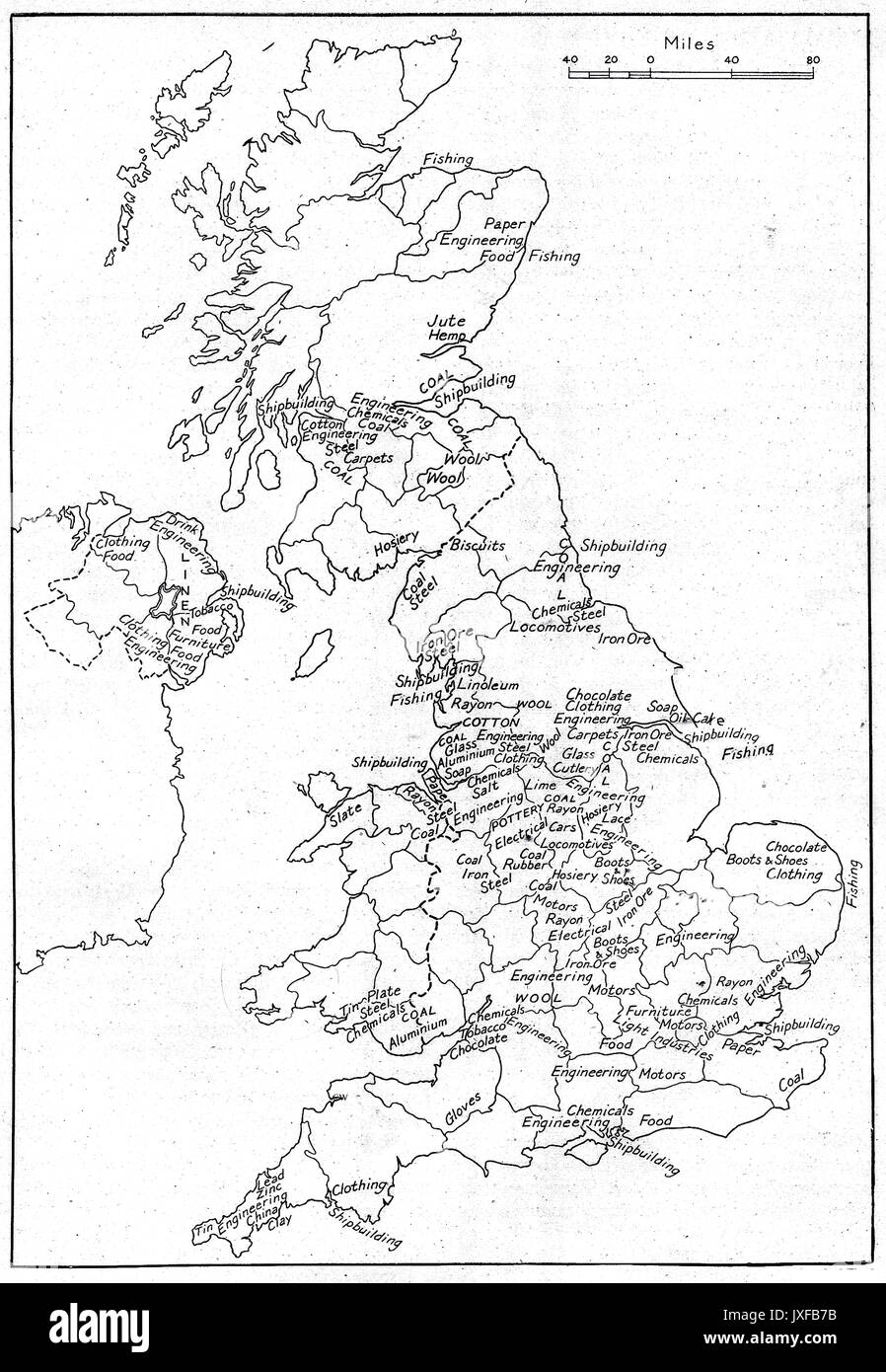 Industrial Map of Britain (excludes agriculture) showing industries and production by county. C1940s Stock Photo