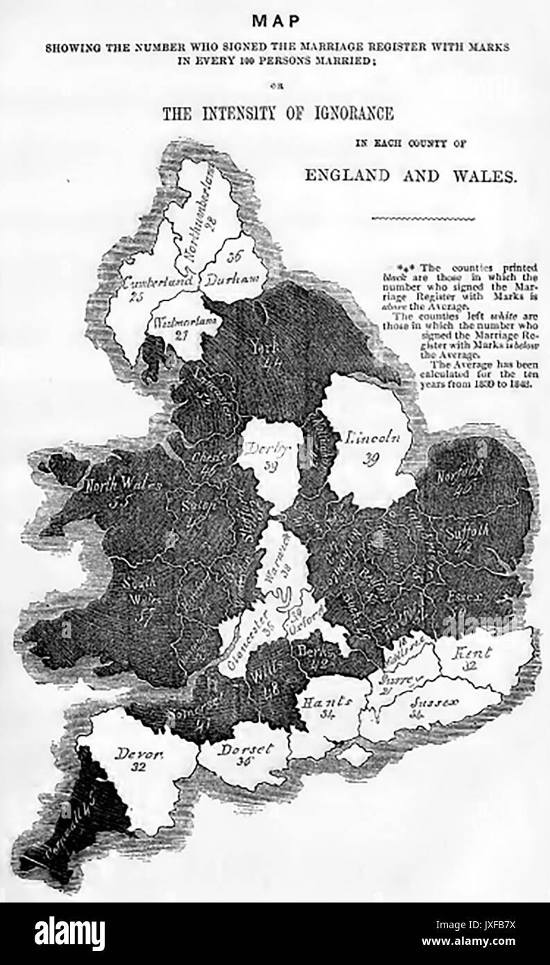 Victorian map (c1860) showing nationwide statistics for each county -  People who signed their marriage registers with a mark (illiteracy). Stock Photo