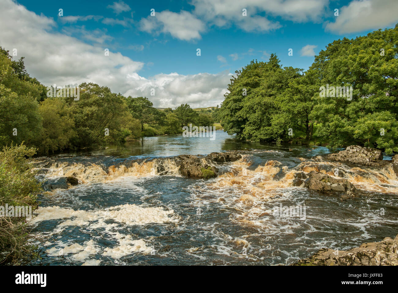 Teesdale Landscape, the river Tees between Low Force and High Force waterfalls, as seen from the Pennine Way long distance footpath, in summer Stock Photo