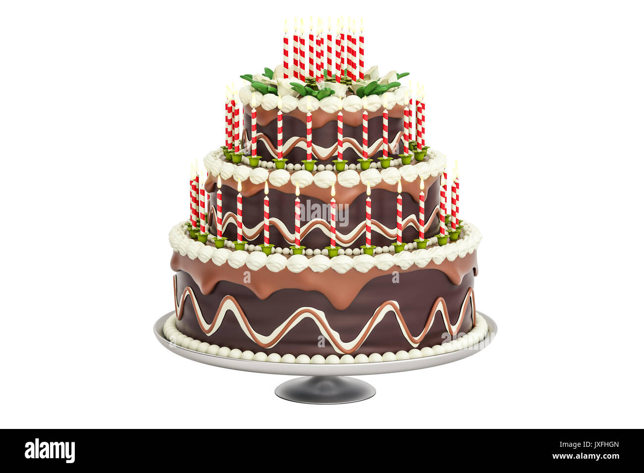 Chocolate Birthday Cake with candles on stand, 3D rendering isolated on ...