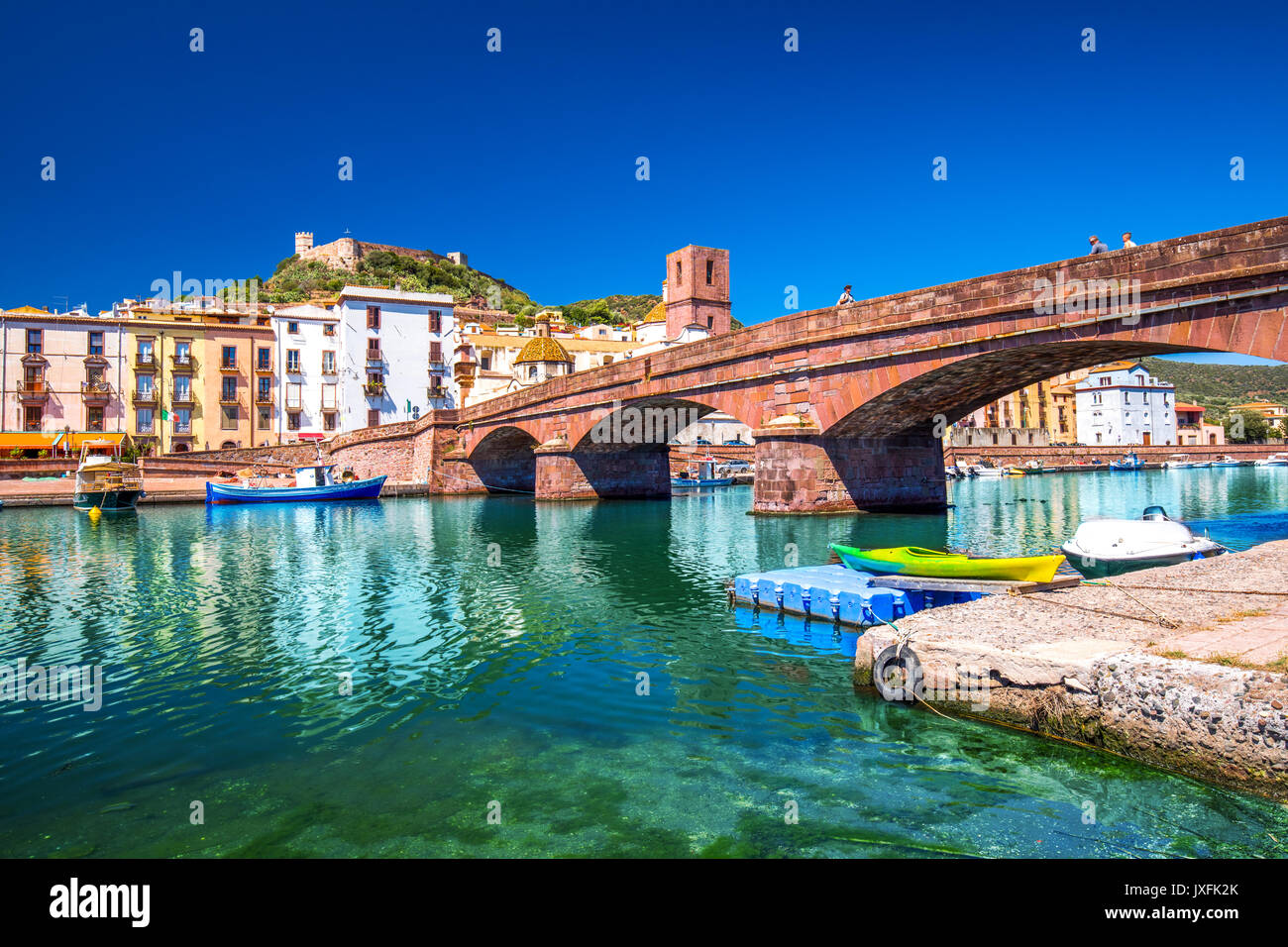 Bosa old city center with colorful houses and Fiume Temo river, Sardinia, Italy, Europe. Stock Photo