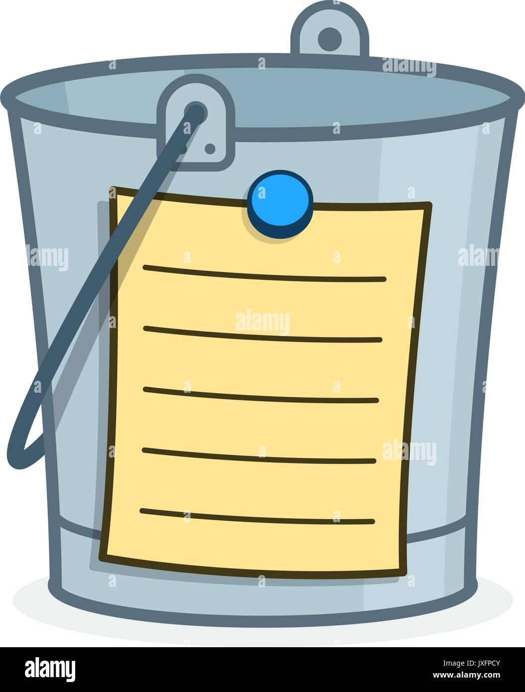 Bucket List cartoon concept with a metal pail and adhering blank list with lines for the addition of your wishes, goal and aspirations to achieve in y Stock Vector