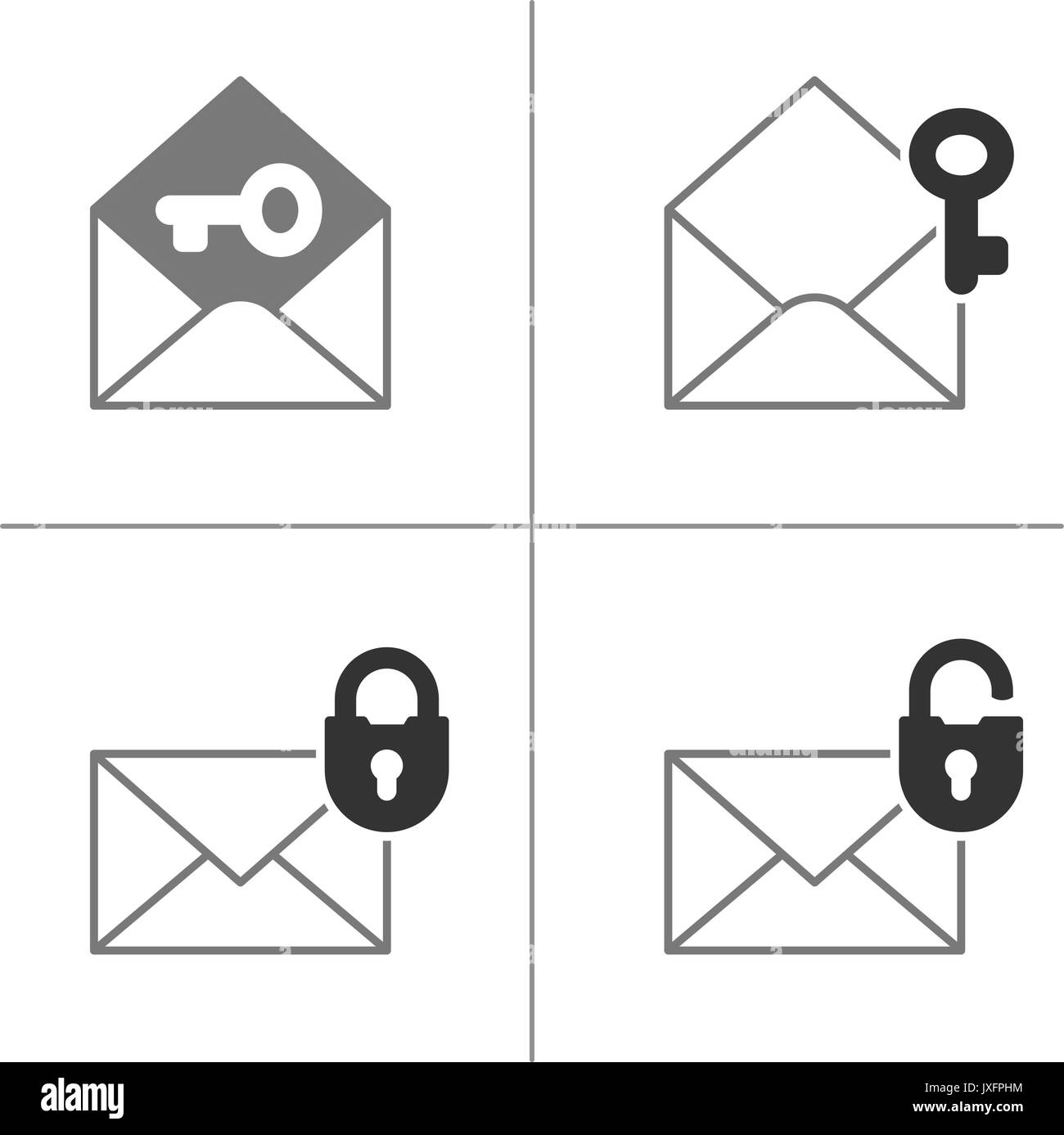 Security mail icon collection with envelope, padlock and key. Vector