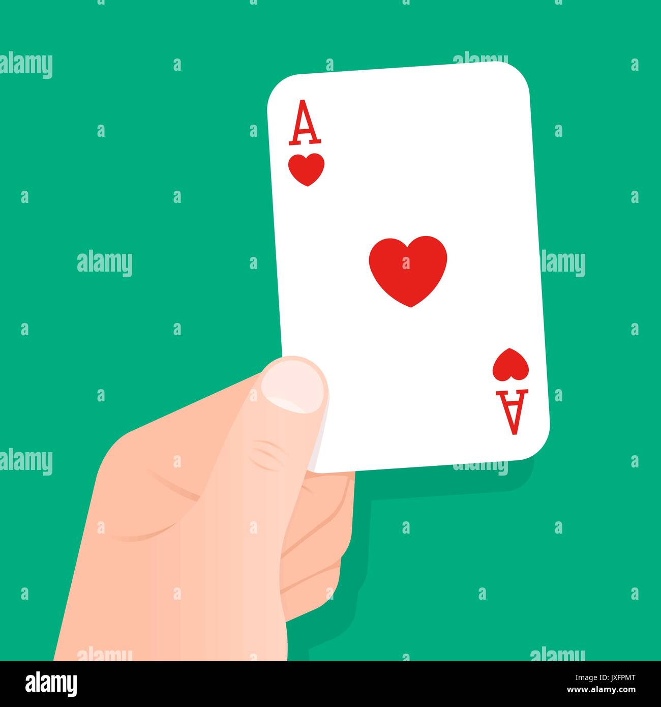 Hand holding up a playing card ace of hearts over a green background conceptual of gambling, poker, luck, winner, bet, casino or recreational game of  Stock Vector