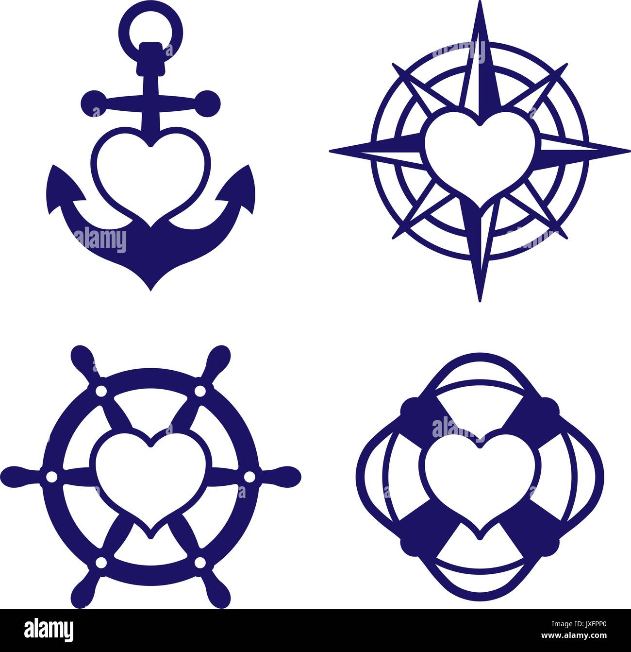 Set of four single color blue icons - marine theme with hearts inside shapes of anchor, compass, ship steering wheel and lifebuoy. Vector Illustration Stock Vector