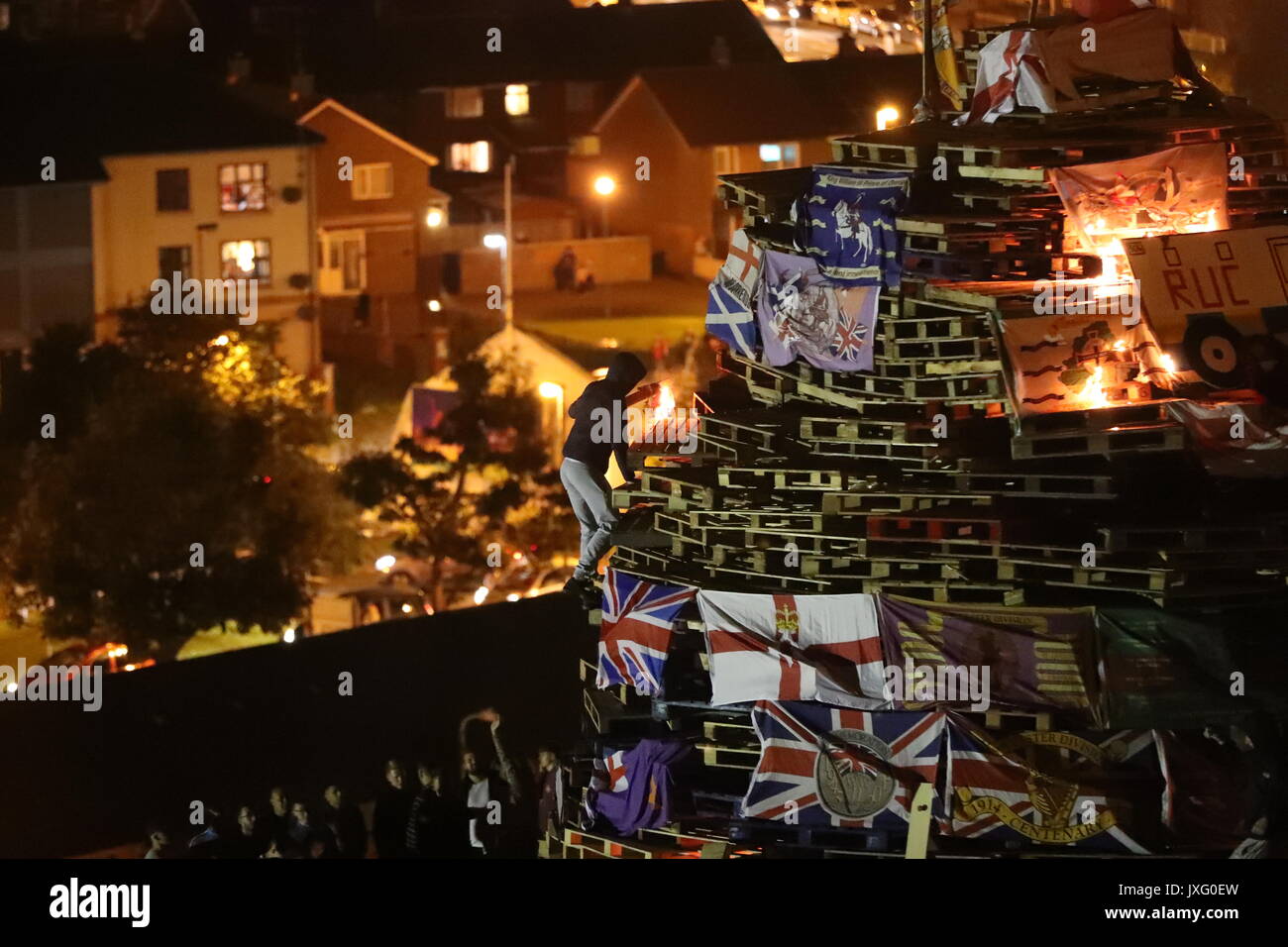 A bonfire in the bogside area of Londonderry, which is traditionally torched on August 15 to mark a Catholic feast day celebrating the assumption of the Virgin Mary into heaven, but in modern times the fire has become a source of contention and associated with anti-social behaviour. Stock Photo