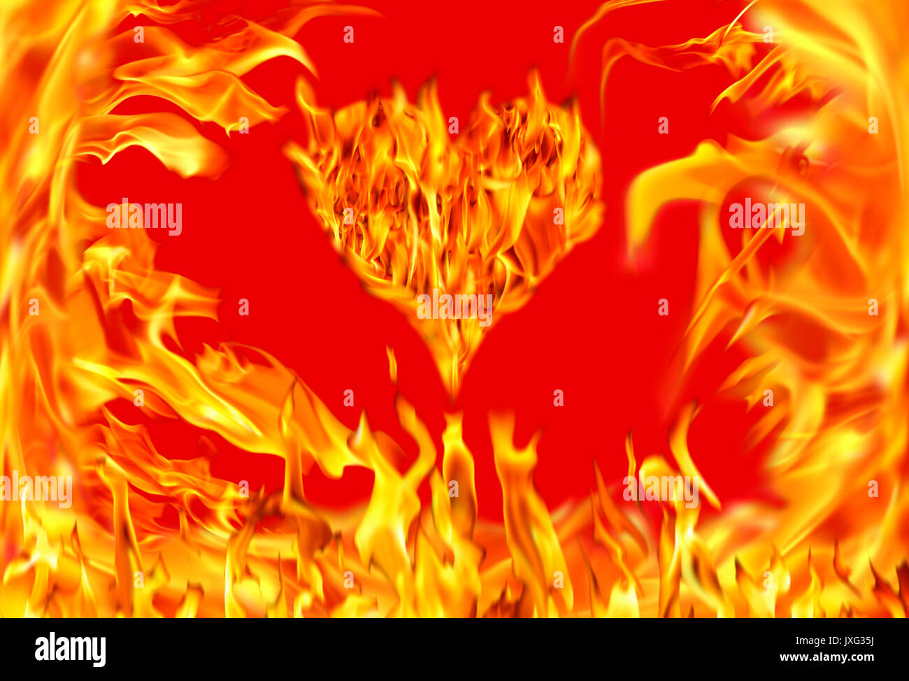 Conceptual image of burning heart shape and fire flames Stock