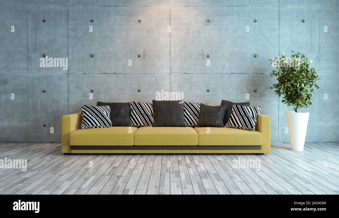 living room interior design with concrete wall 3d rendering Stock Photo
