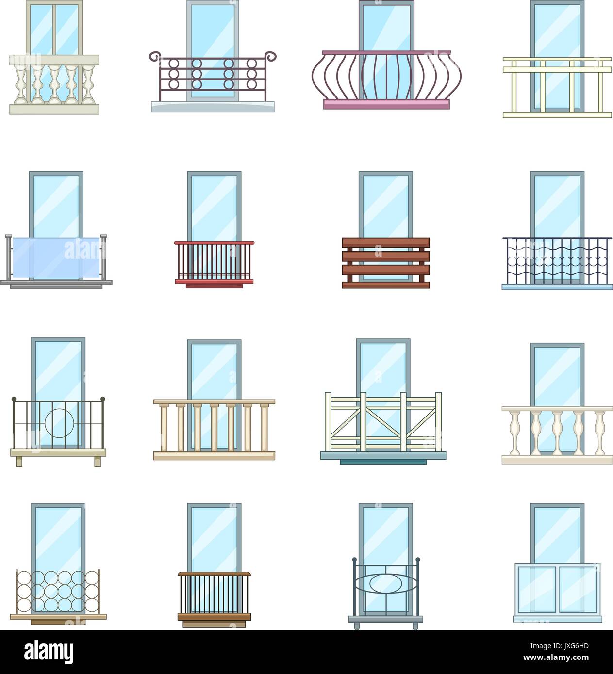 Balcony window forms icons set, cartoon style Stock Vector