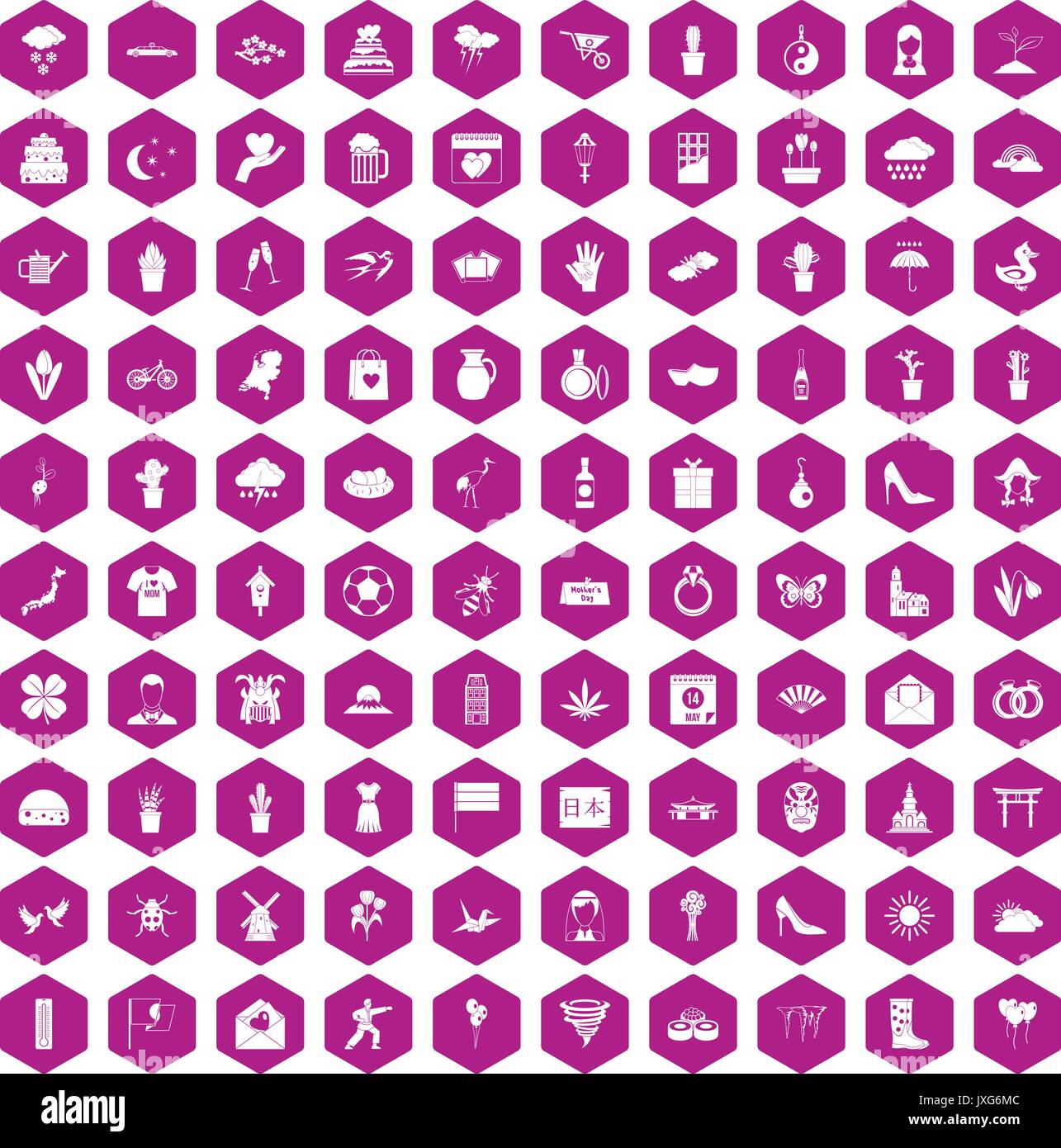100 flowers icons hexagon violet Stock Vector