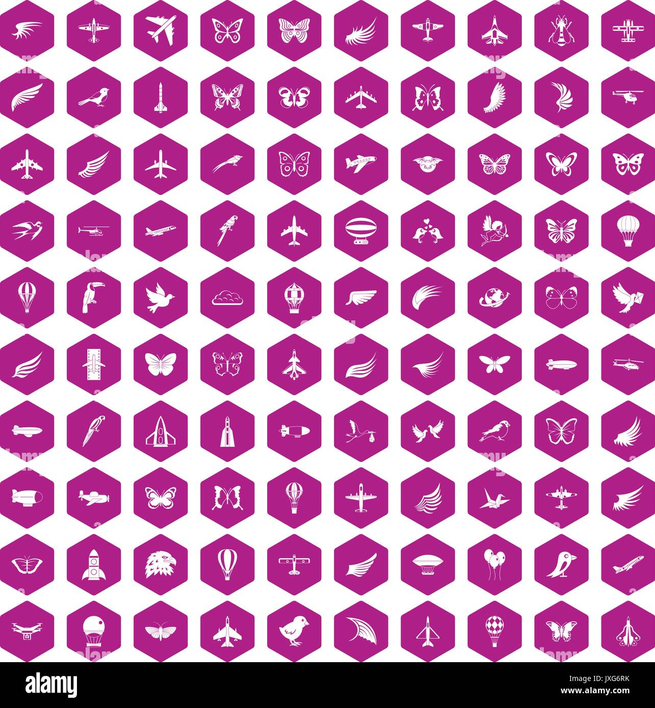 100 fly icons hexagon violet Stock Vector