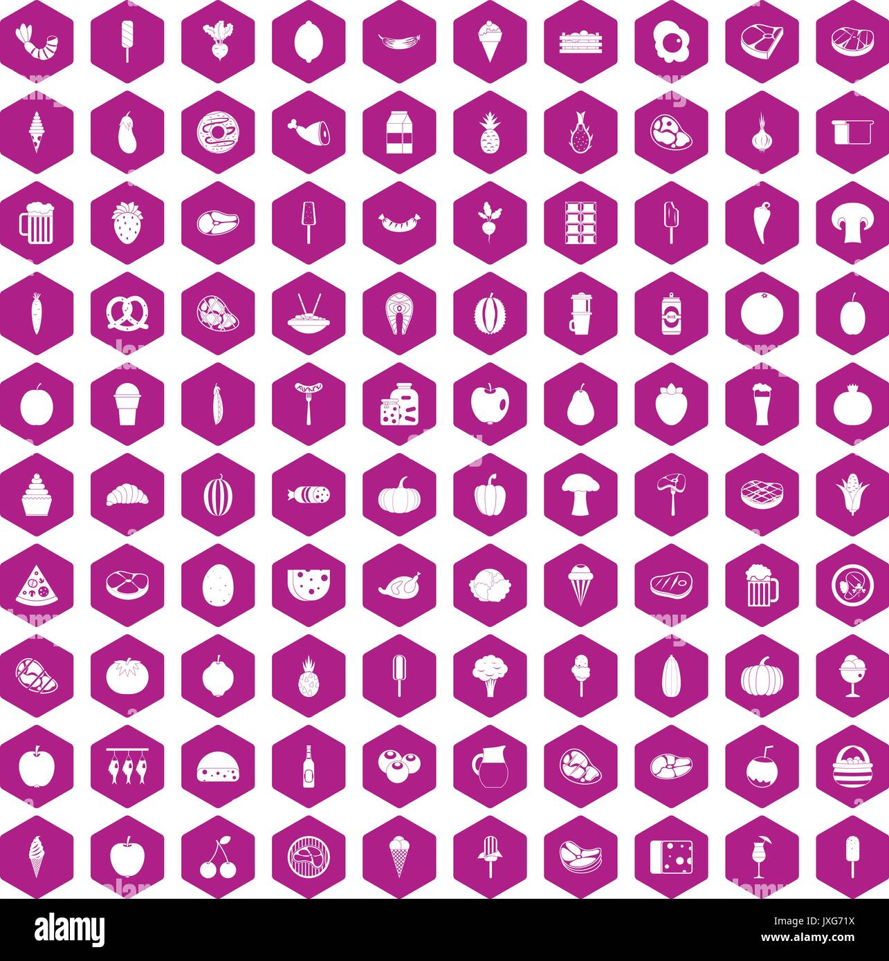 100 food icons hexagon violet Stock Vector
