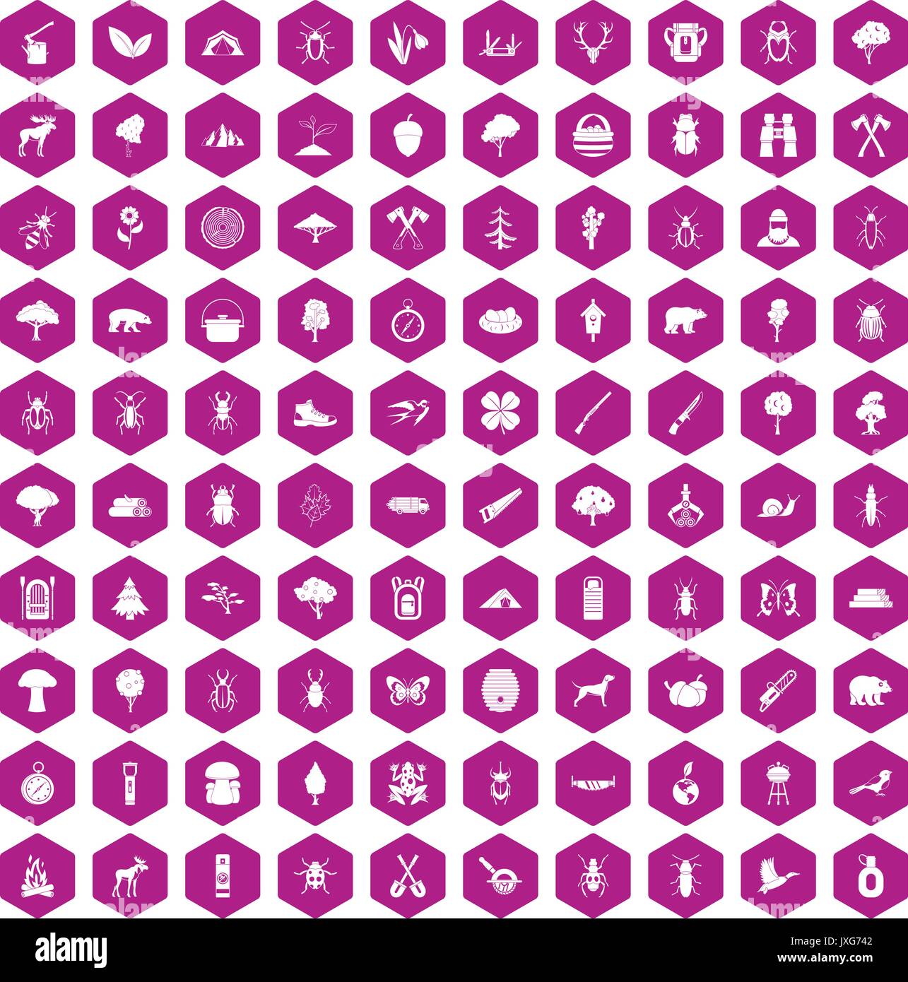 100 forest icons hexagon violet Stock Vector