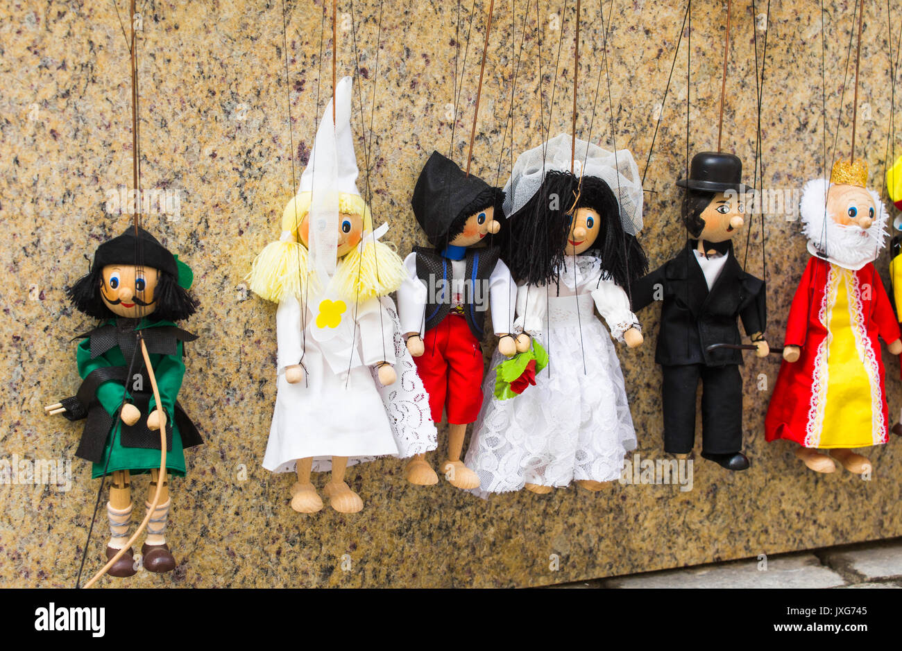 Traditional puppets made of wood. Shop in Prague Czech Republic Stock