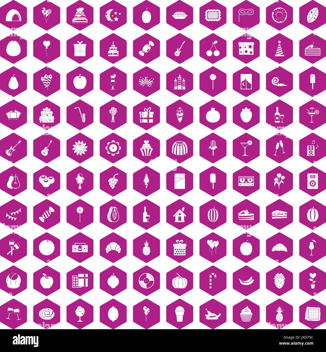 100 fruit party icons hexagon violet Stock Vector