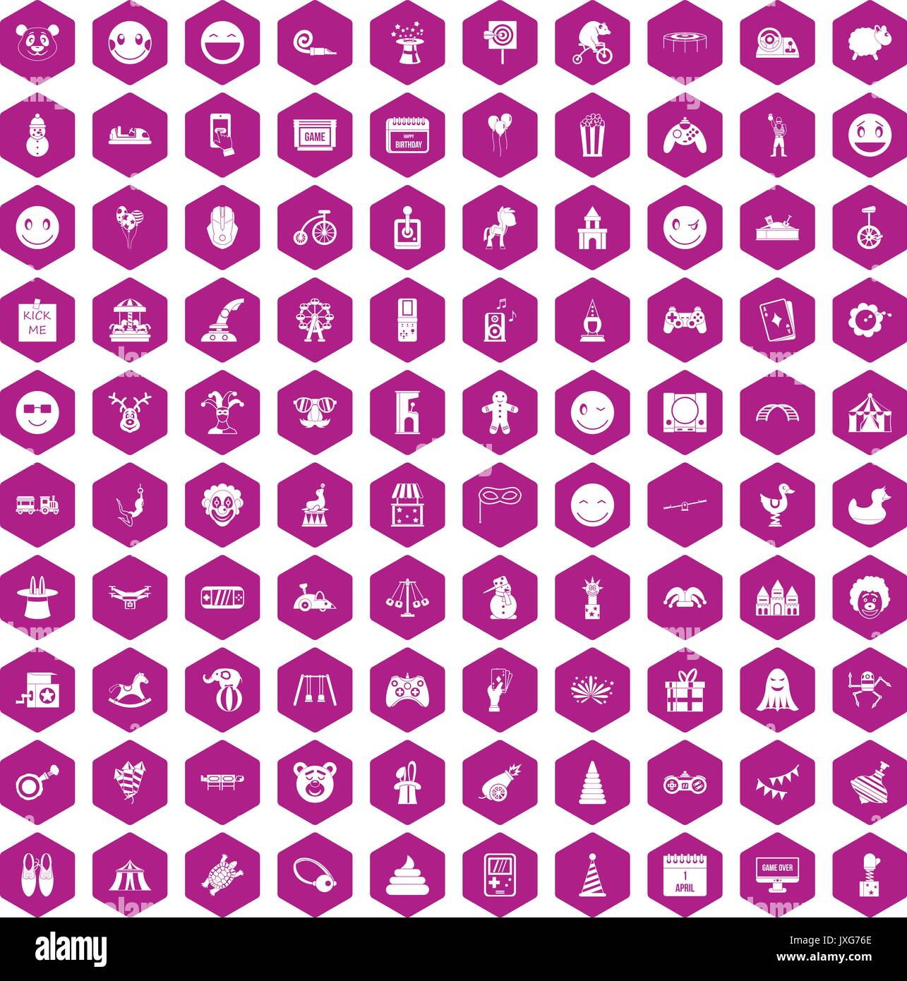 100 funny icons hexagon violet Stock Vector
