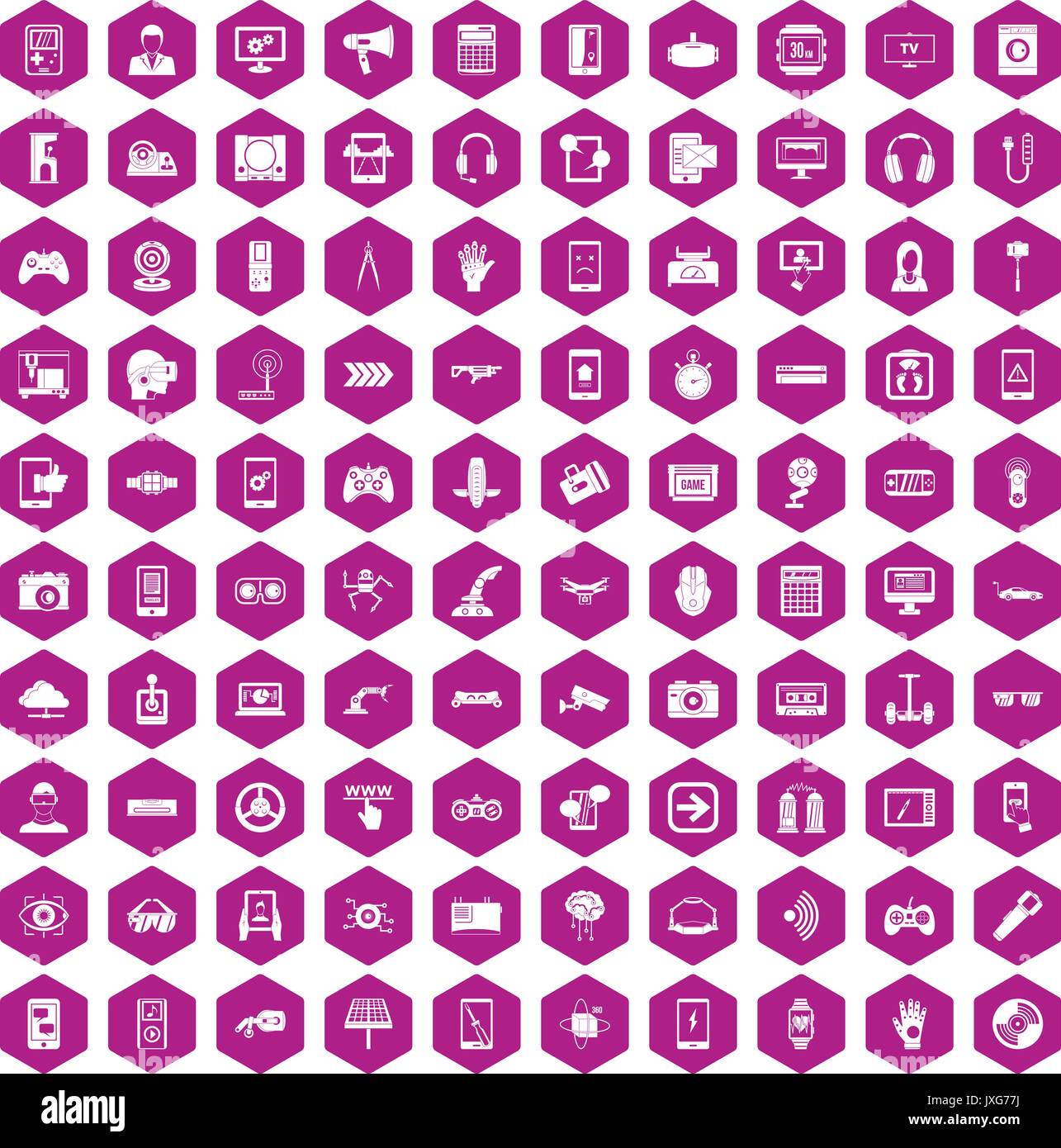 100 gadget icons hexagon violet Stock Vector