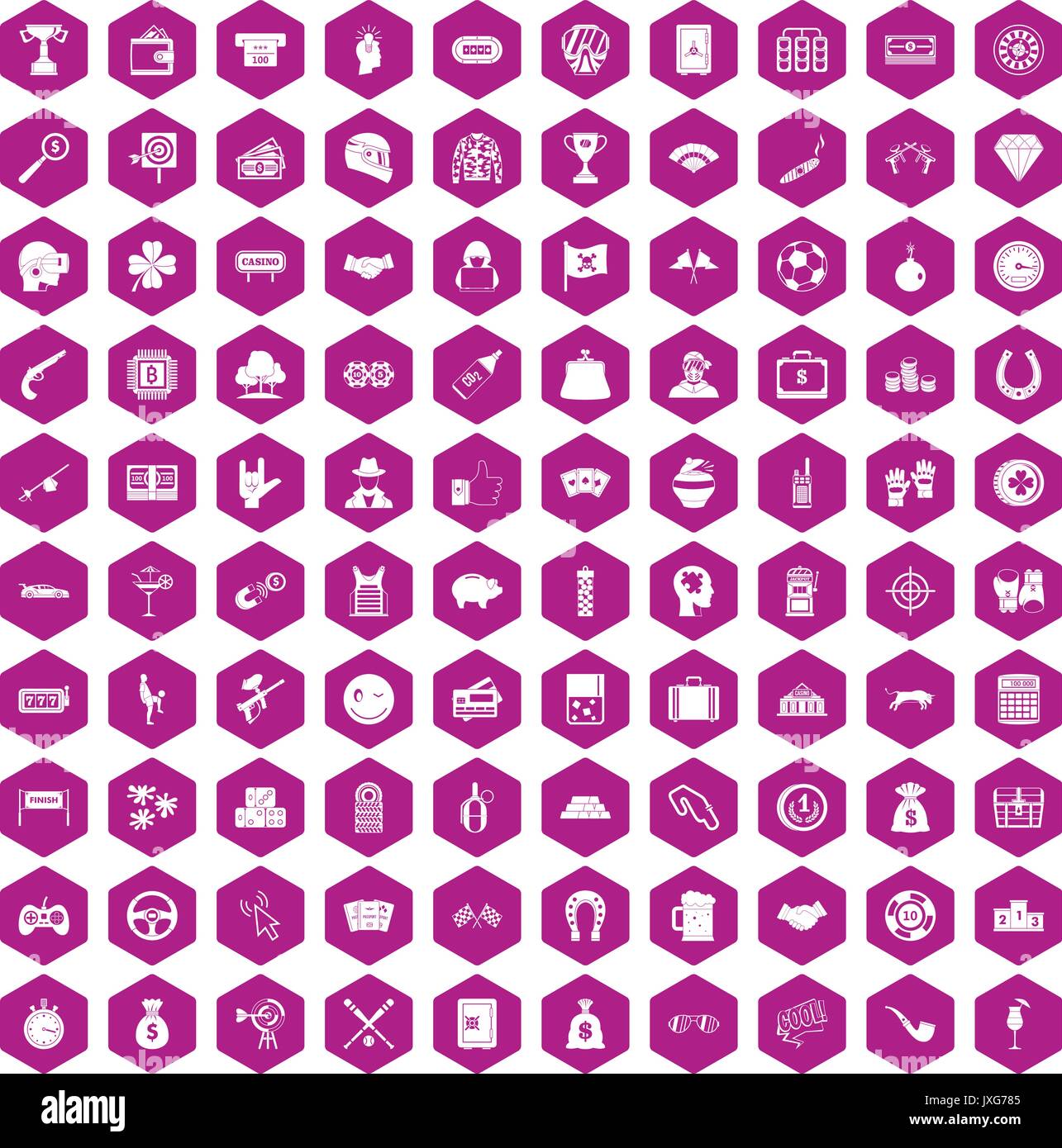 100 gambling icons hexagon violet Stock Vector