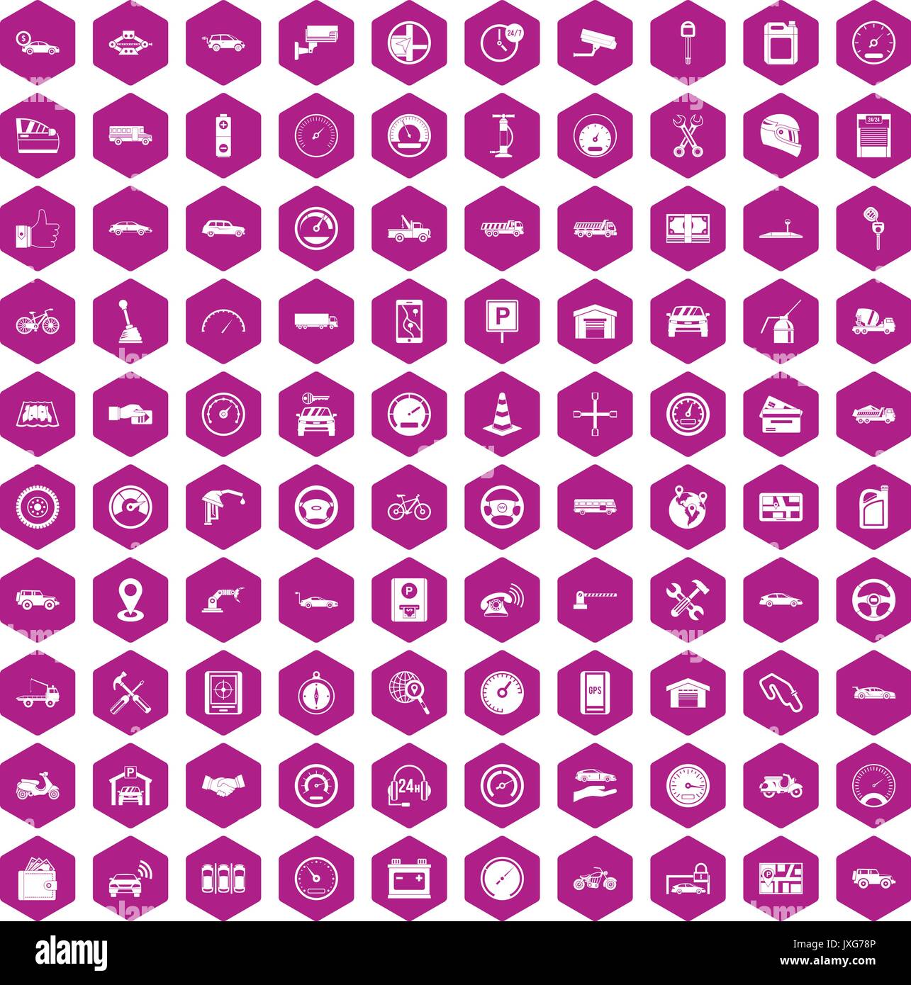 100 garage icons hexagon violet Stock Vector