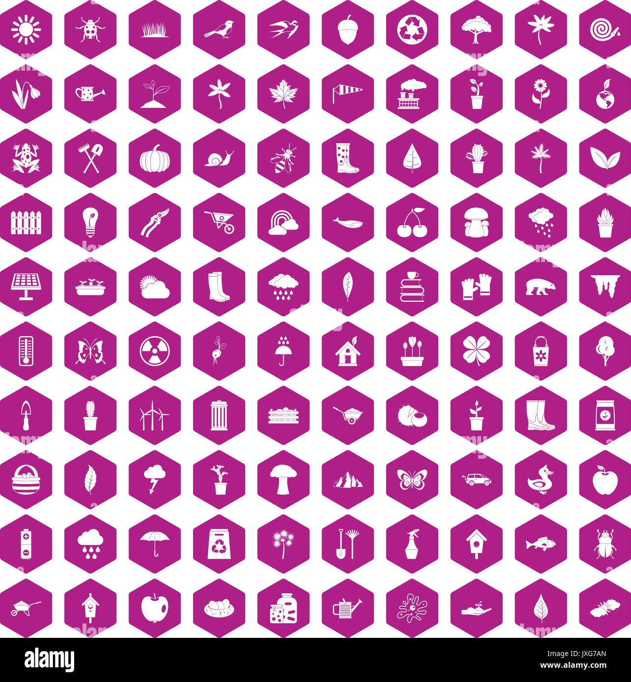 100 garden stuff icons hexagon violet Stock Vector