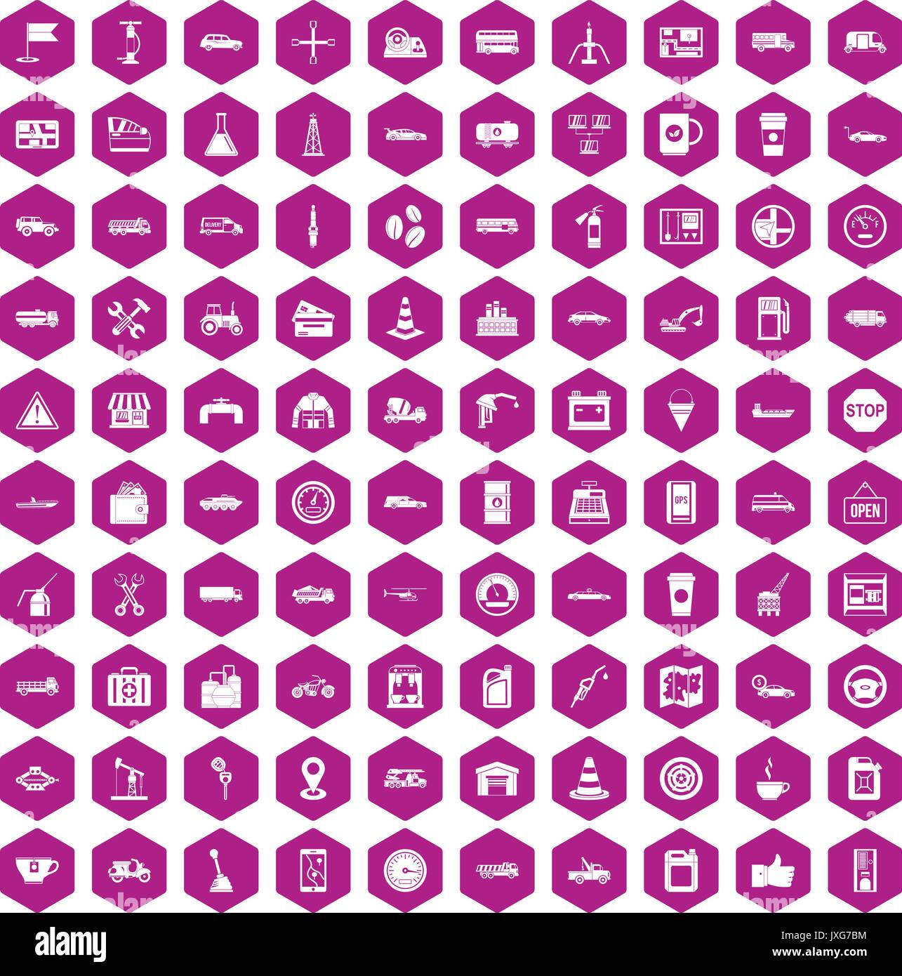 100 gas station icons hexagon violet Stock Vector