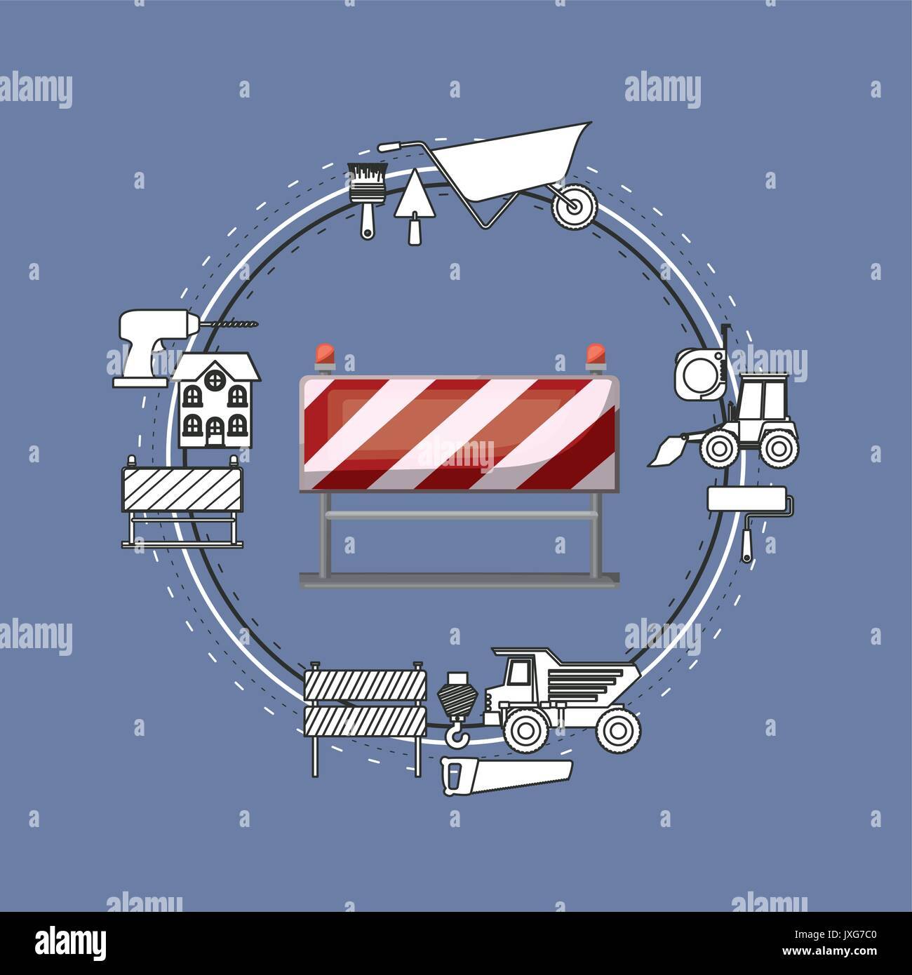 color background circular frame with traffic barrier and tools for ...