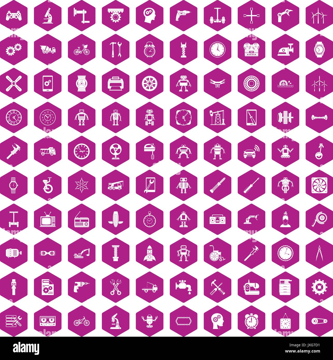 100 gear icons hexagon violet Stock Vector