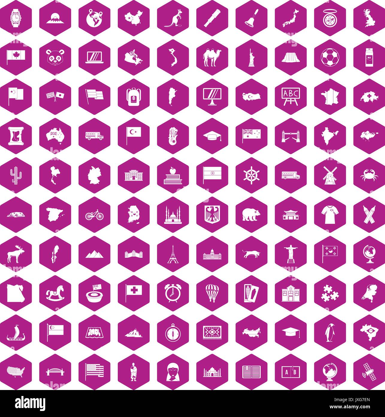100 geography icons hexagon violet Stock Vector
