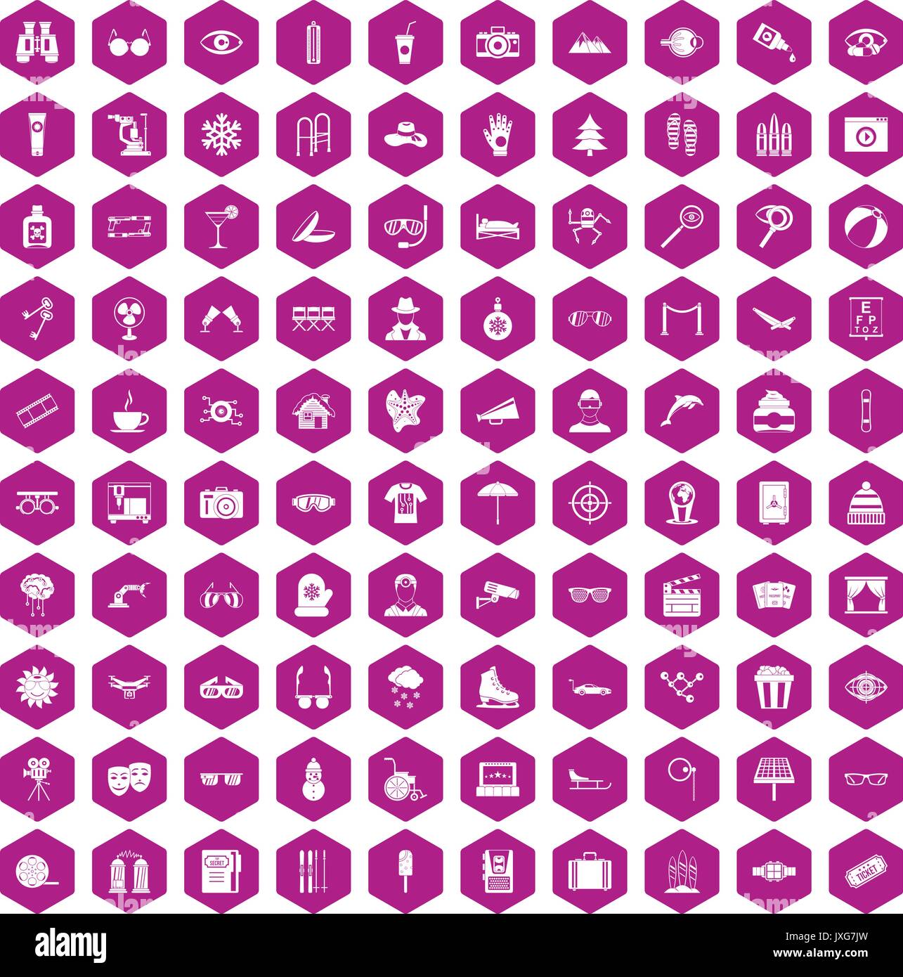 100 glasses icons hexagon violet Stock Vector