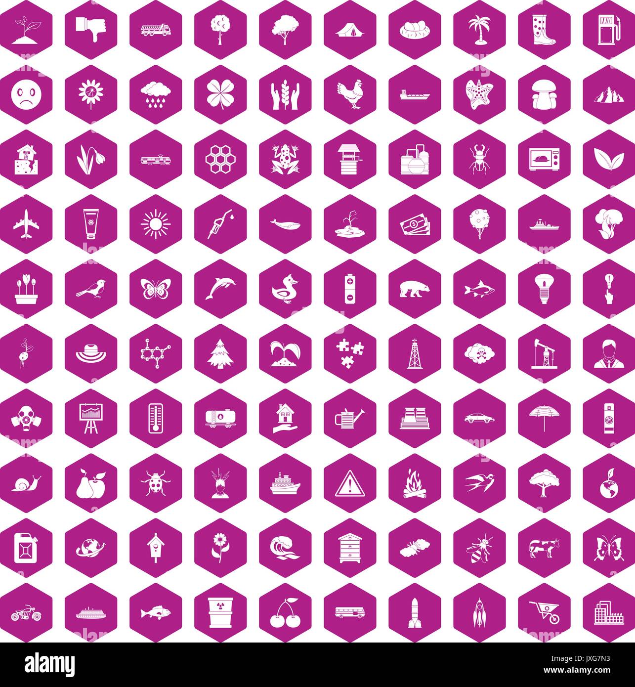 100 global warming icons hexagon violet Stock Vector