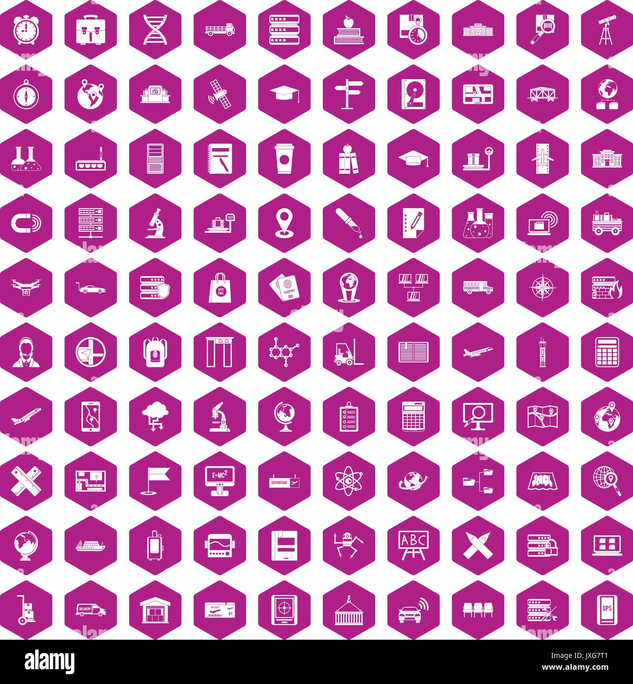 100 globe icons hexagon violet Stock Vector