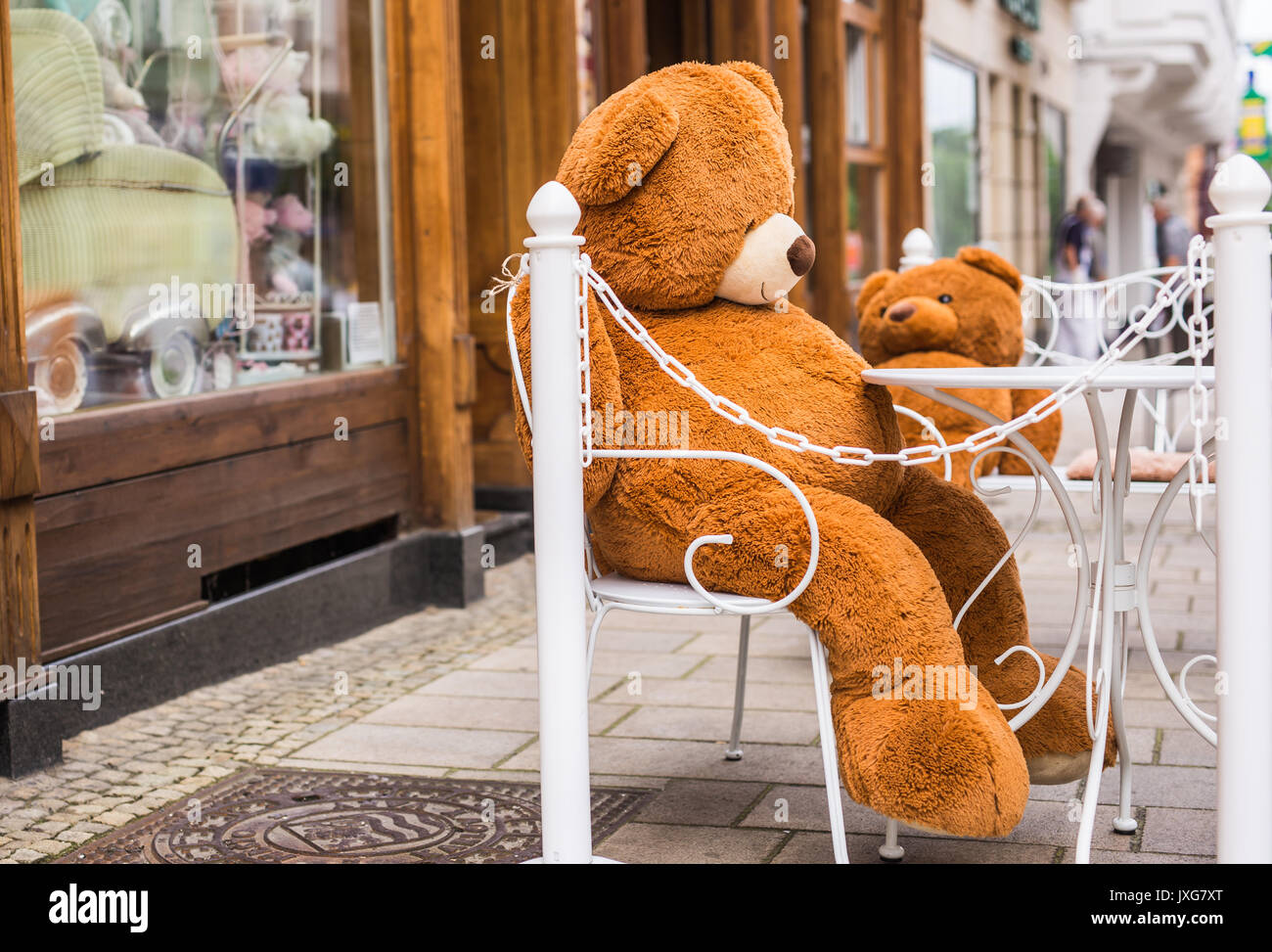 Teddy Bear Sitting On A Chair In Street Cafe Stock Photo Alamy