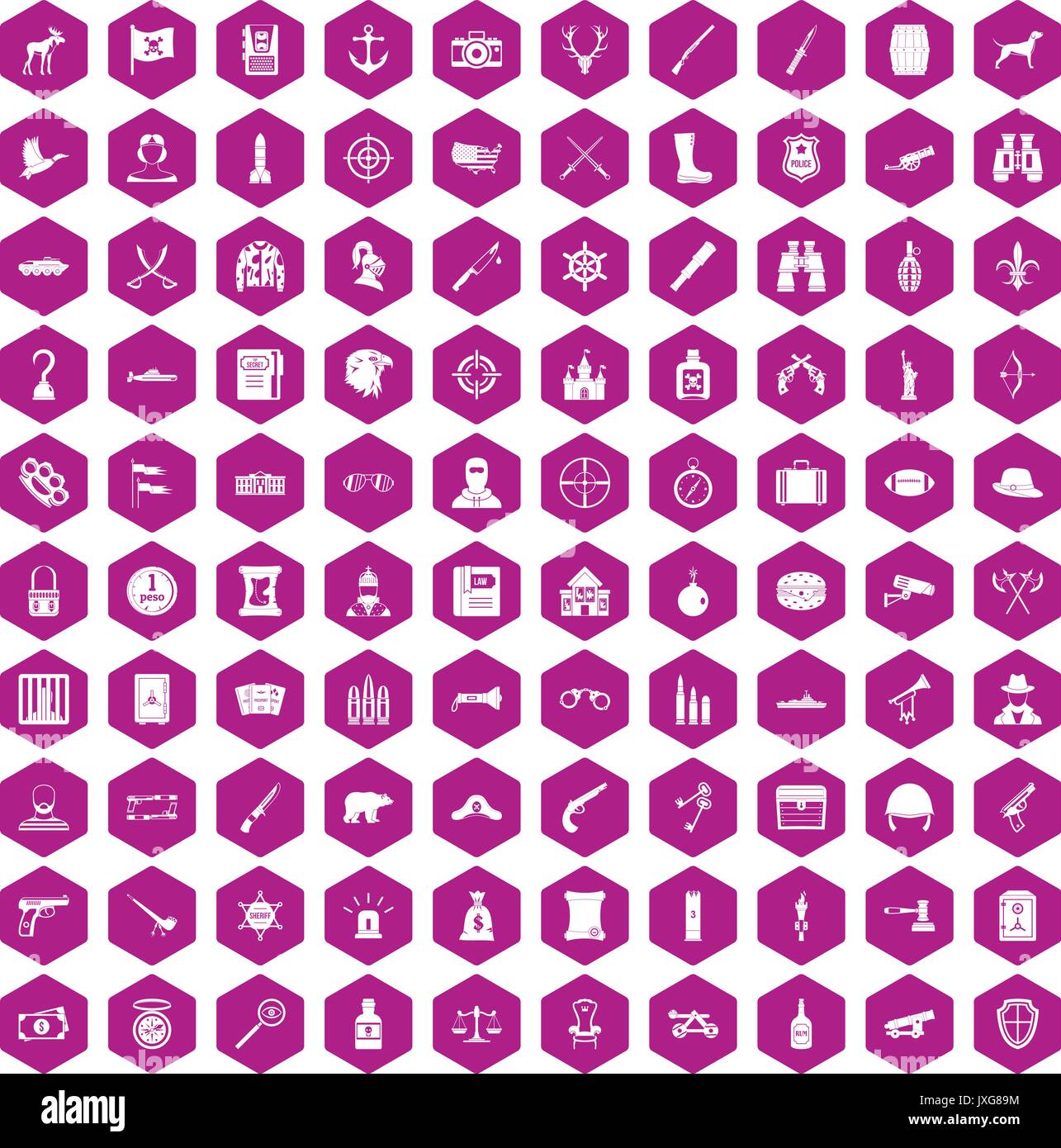 100 guns icons hexagon violet Stock Vector