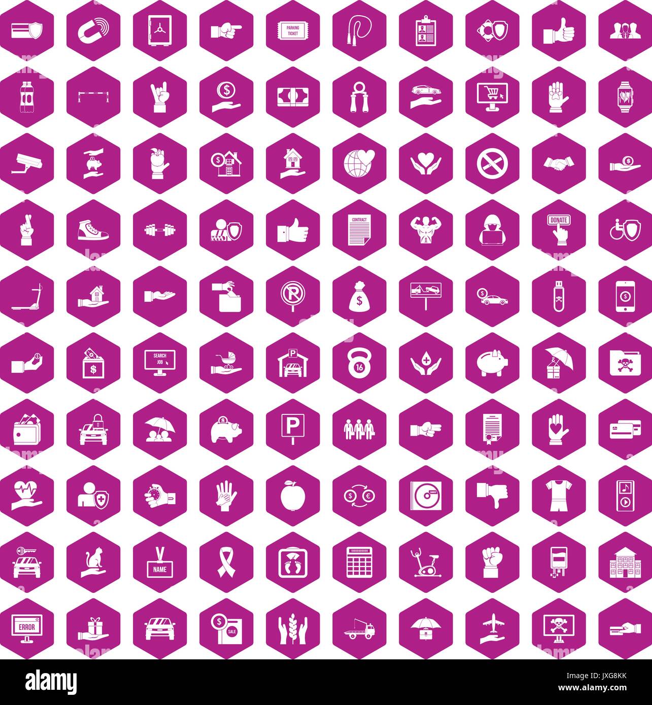 100 hand icons hexagon violet Stock Vector