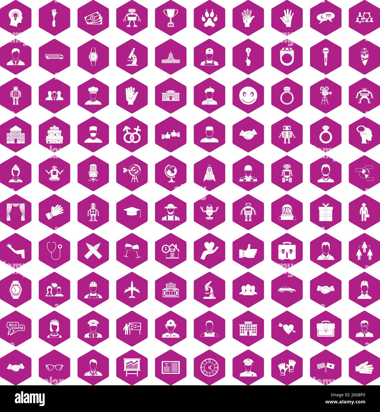 100 handshake icons hexagon violet Stock Vector
