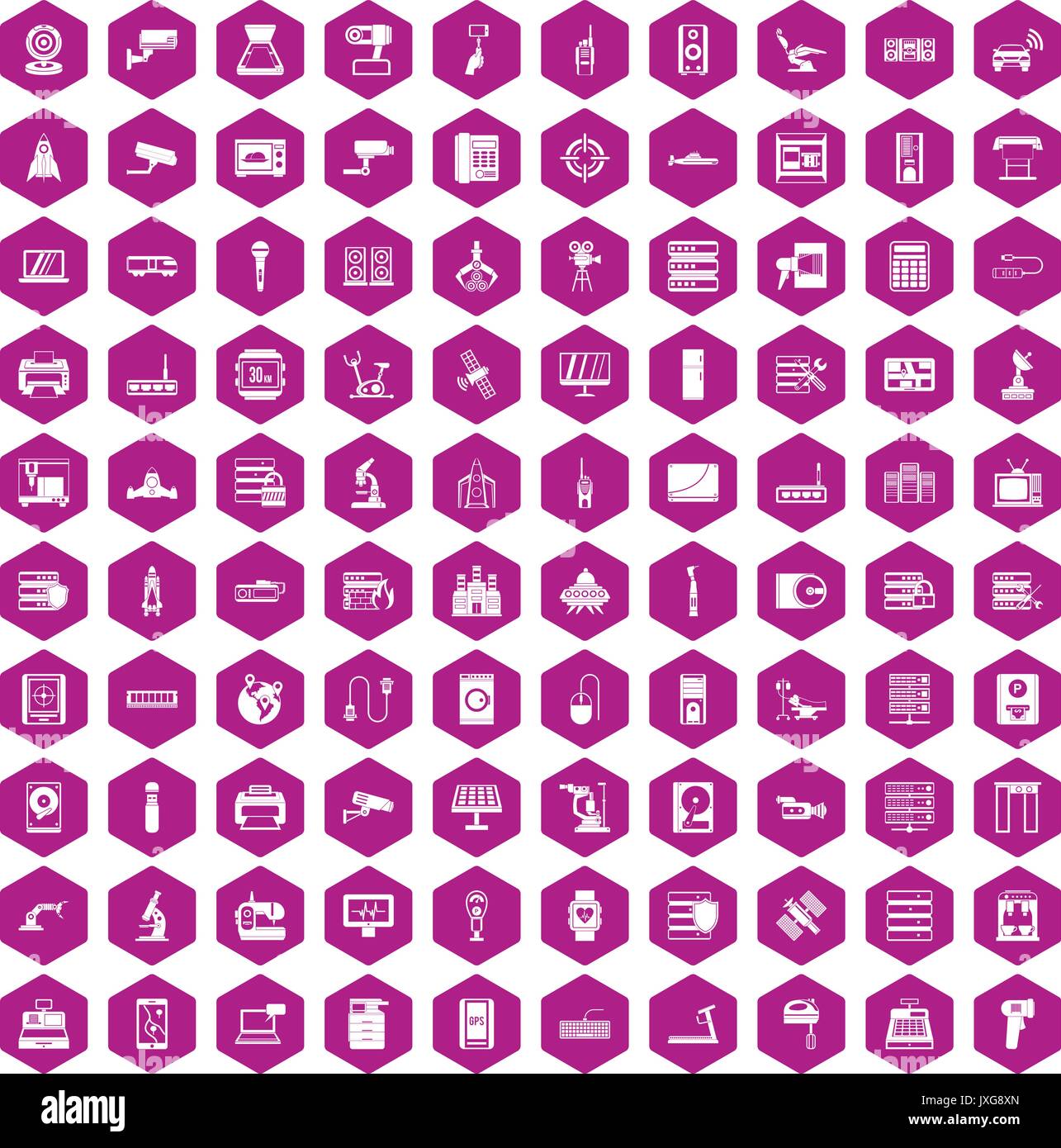 100 hardware icons hexagon violet Stock Vector
