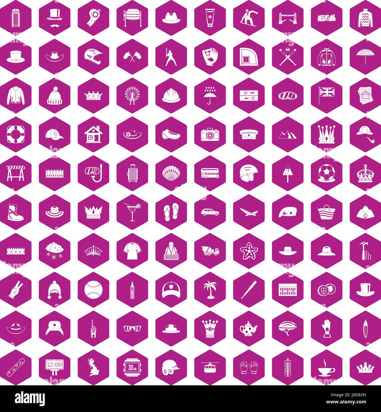100 hat icons hexagon violet Stock Vector