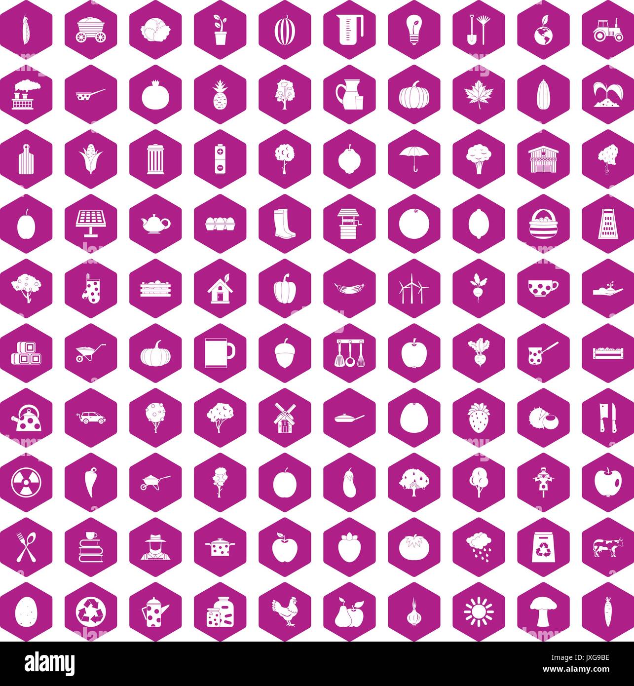 100 health food icons hexagon violet Stock Vector