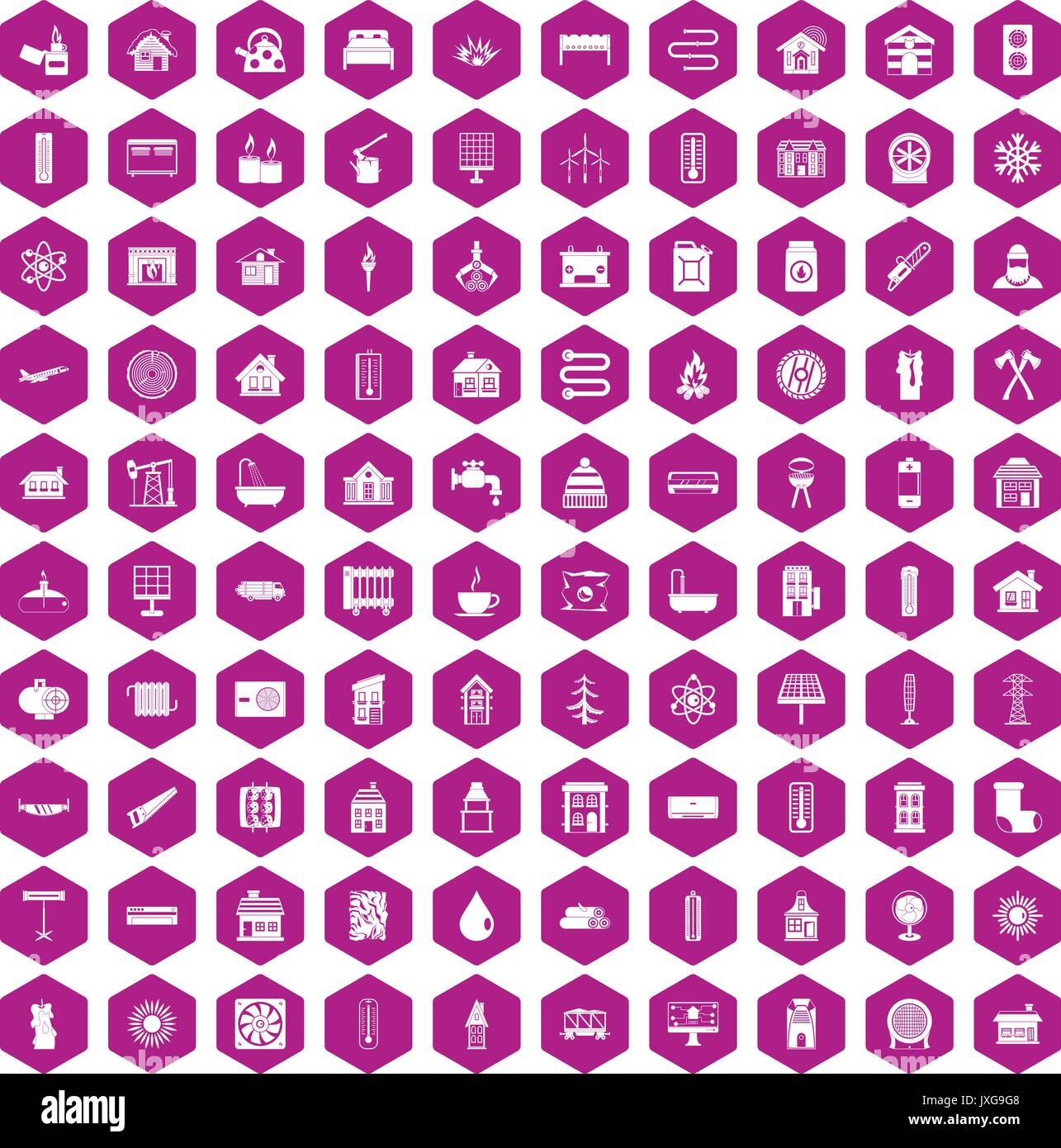 100 heating icons hexagon violet Stock Vector