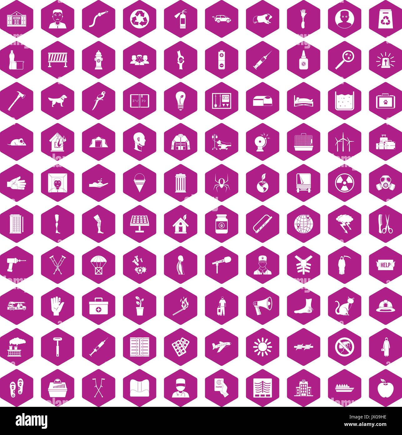 100 help icons hexagon violet Stock Vector