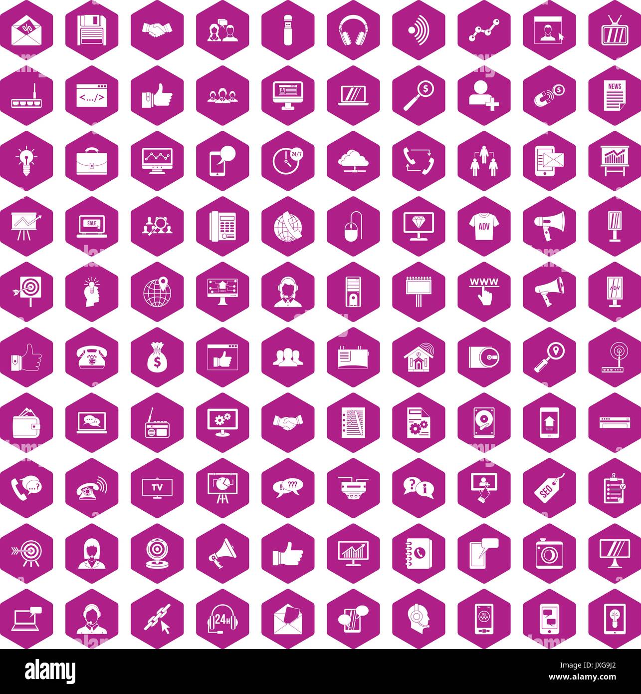 100 help desk icons hexagon violet Stock Vector